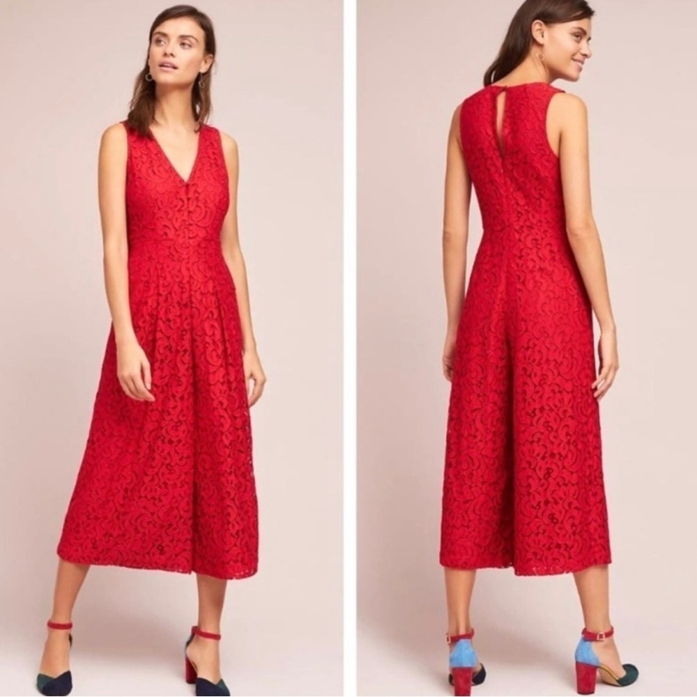 Moulinette Soeurs Anthropologie Red Lace Jumpsuit Size 6 - Picture 1 of 5